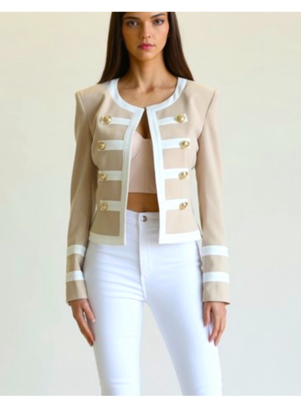 Blithe Beige and White Cropped Military-Style Blazer